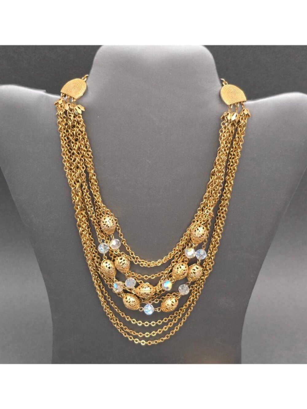 Vintage Gold Tone AB Crystal Multichain Necklace Bracelet Set Demi Parure - Picture 2 of 16